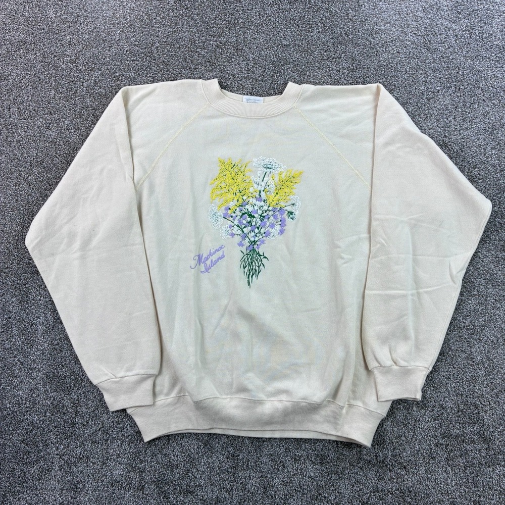 Vintage 80s Flower Sweatshirt Mens XL Cream Mackinac Island Floral Print‎